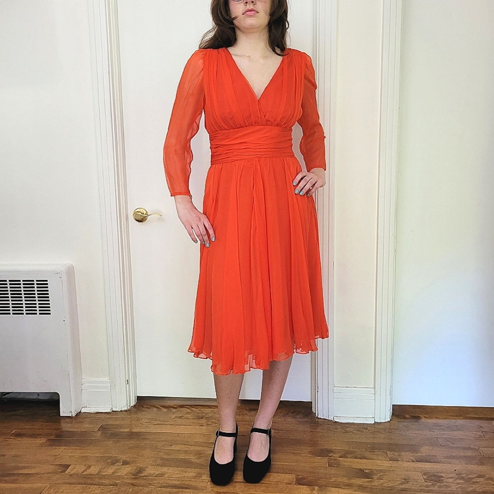 Vintage GUY LAROCHE Paris 100% Silk Chiffon Dress Made in France Coral Red 8